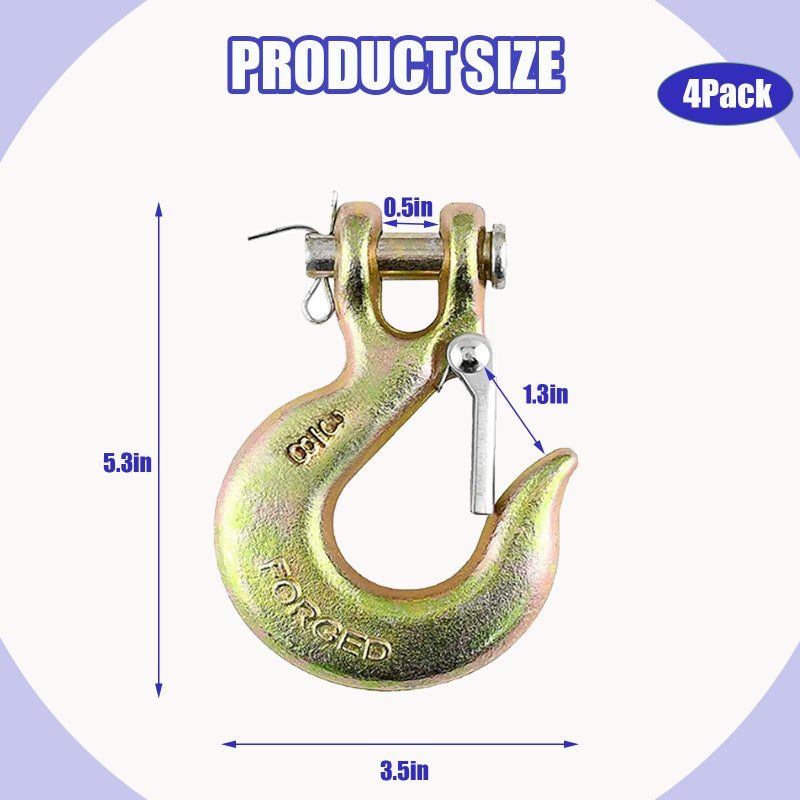 High-PQ 3/8'' Heavy Duty Forged Steel Clevis Slip Hook (Set of 4)  Safety Hook G70 Tow Chain Clevis Grab Hook with Latch Forged Grade for Trailer Truck Transport Tow Chain Hook - Image 2